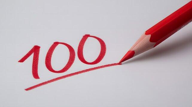 Red Pencil Writing the Number 100 with a Line Underneath Keywords: red pencil, writing, number, 100, one hundred, score, grade, mark, success