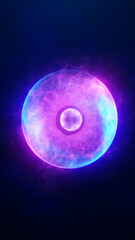 Neon purple and blue plasma ring with glowing core on dark background, abstract cosmic energy sphere for sci-fi technology, portal, and power concepts