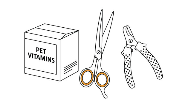 Essential pet grooming and health products include a box of pet vitamins, grooming scissors, and specialized claw clippers for dogs or cats.