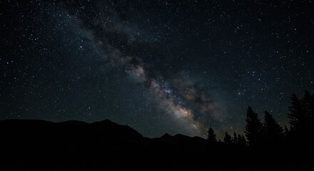 Stunning dark night sky filled with countless stars and the Milky Way galaxy, with silhouetted mountains and evergreen trees below, creating a serene natural landscape