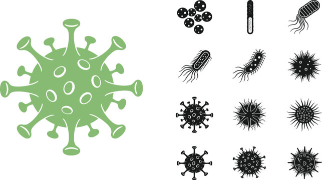 Virus and bacteria microorganism icon set with different germ shapes for microbiology medical research infection awareness and healthcare design.