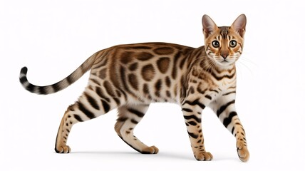 Bengal cat walking forward with curious expression on white background.