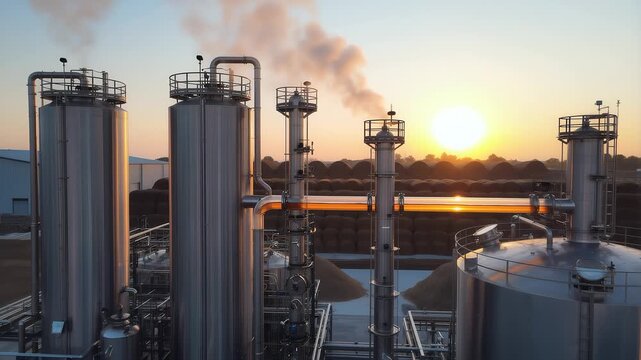 Industrial Biofuel Refinery Plant at Sunset for Sustainable Aviation Fuel Production