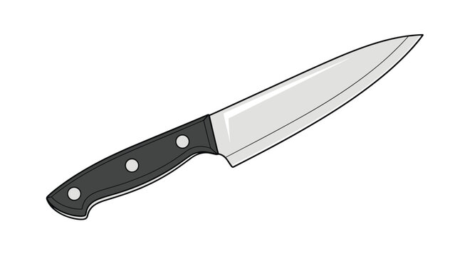 Professional kitchen chef knife with a sharp silver blade and a classic black handle is shown in a clean line art style.