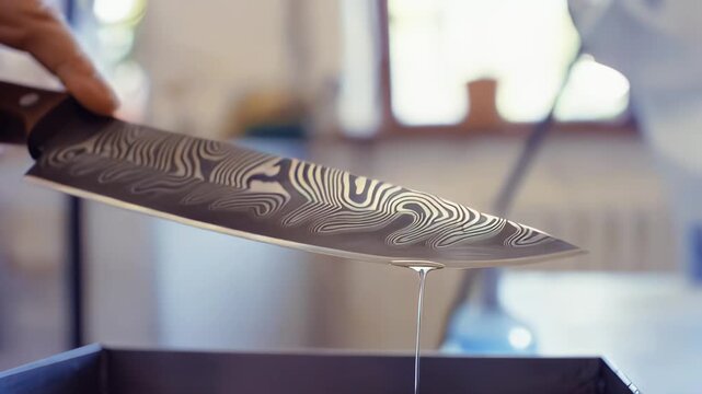 Hand holding a kitchen knife with a patterned blade, dipping it into a metal container filled with water, showcasing the flow of water droplets in a well-lit kitchen setting