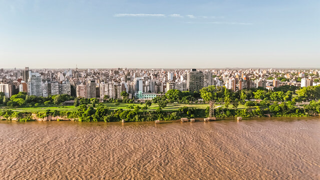 Aerial view of Rosario city skyline and Paran� River coast in Argentina