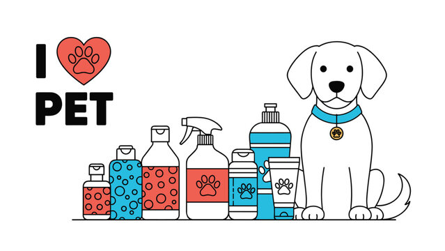 Comprehensive pet care set includes a white dog and various grooming bottles for shampoos, sprays, and creams with an I Love Pet logo.