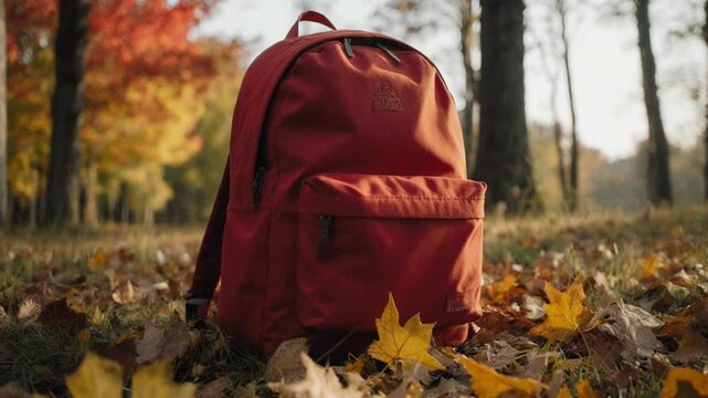Red backpack on autumn leaves ground.