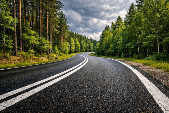 Ultra realistic photograph of a smooth curved asphalt road cutting through a dense green forest with tall pine and deciduous trees. Clean double white road markings, detailed asphalt texture, soft dif