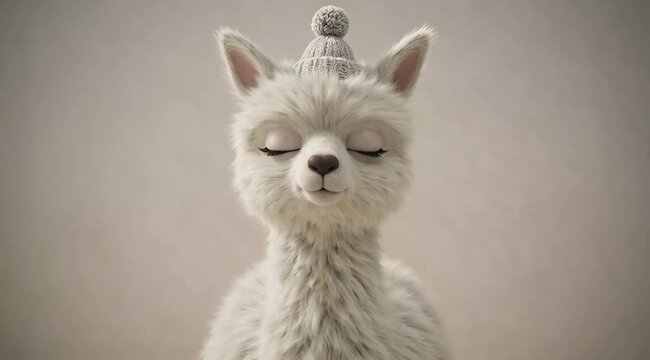 Adorable white llama wearing knitted hat with big eyes