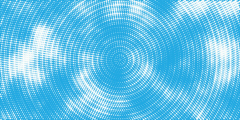 Fototapeta premium Abstract frost swirl background, icy blue and white halftone dots, radial frozen vortex pattern. vector design