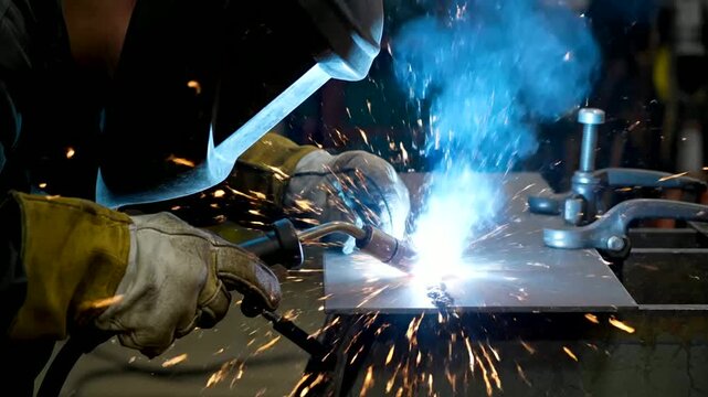 Mild steel fabrication sparks weld or Manual metal arc welding work inside factory welds