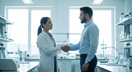 Obraz premium Medical professionals shaking hands in a modern laboratory setting symbolizing collaboration and healthcare partnership in a clinical environment with scientific equipment and bright natural light