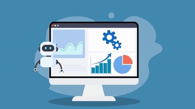 Animated flat vector illustration of an AI analytics dashboard on a desktop monitor with data chart, business graphs, and a friendly robot assistant representing automation and analytics technology.