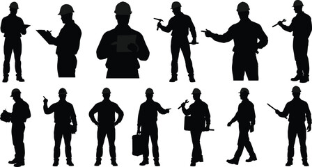 Set of Construction Worker Silhouettes Featuring Hard Hats, Tools, and Planning Activities in Black-and-White Industrial Artwork
