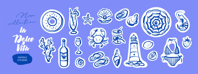 Hand drawn sketch vacation sticker set. Dolce vita tropical summer vibe. Vintage Italy Mediterranean coastal collection. Vector isolated crayon illustration © pim