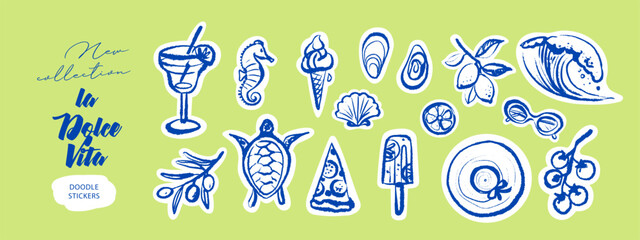 Naklejka premium Hand drawn sketch vacation sticker set. Dolce vita tropical summer vibe. Vintage Italy Mediterranean coastal collection. Vector isolated crayon illustration