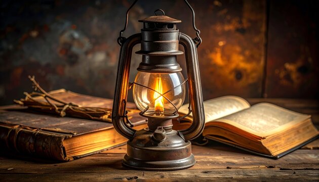 An ancient antique kerosene oil lamp with a vintage glass flame sits as a retro metal decoration on a rustic wooden table alongside a classic samovar