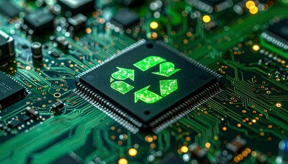 Macro shot of a green electronic computer circuit board featuring a silicon microchip CPU processor and hardware components on a digital PCB motherboard