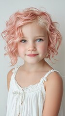 Fototapeta premium Young girl smiling with pink curly hair and blue eyes
