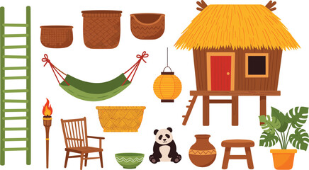 Tropical Hut and Traditional Village Elements Cartoon Set