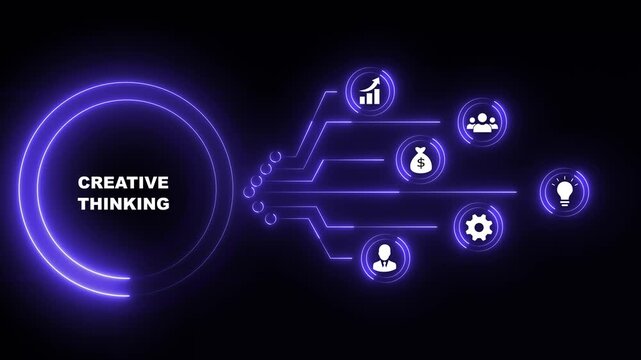 Neon blue Creative Thinking Concept with Business Icons and Flowchart on Black Background glowing light bulb