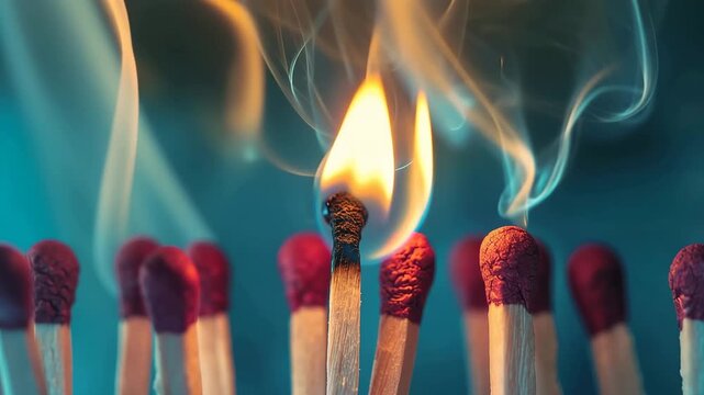 Single Match Ignites a Row of Unlit Matches with Fiery Flame and Wisps of Smoke 4k video