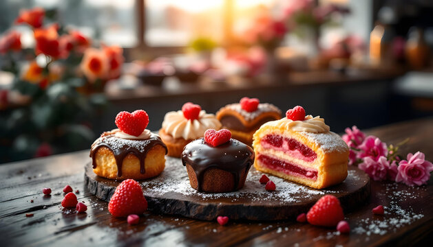 Valentine pastries displayed at bakery counter
