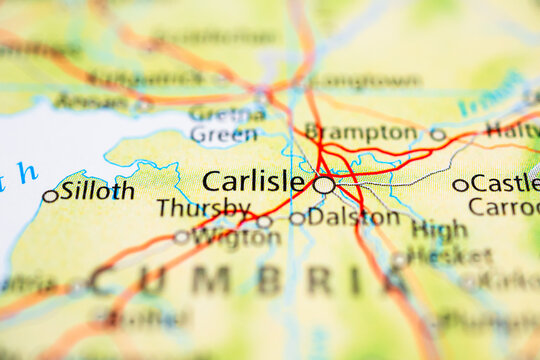 Detailed road map of Carlisle area in Cumbria with connecting highways and towns.