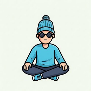 Cartoon man meditates in winter clothes.