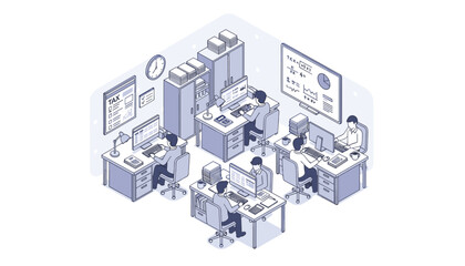 Obraz premium Tax Accountants Working, Calculating, Finance & Accounting, Isometric Line Art, Vector Illustration