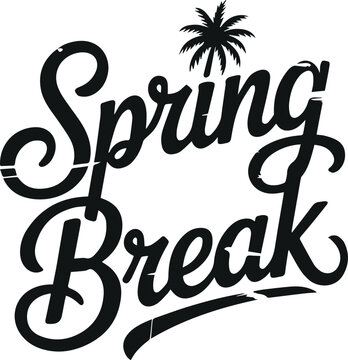 Spring Break Text with Palm Tree Silhouette Retro Style Isolated on White