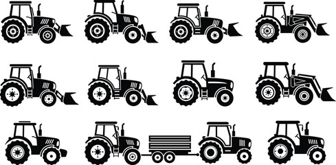 Tractor silhouette illustration, farming machinery vector, agricultural equipment design, tractor with loader, plow, trailer, farm tools, agriculture industry icons, blue black tractor set