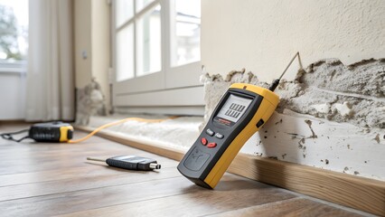 Moisture Meter Measuring Damp Wall Damage Inside Home