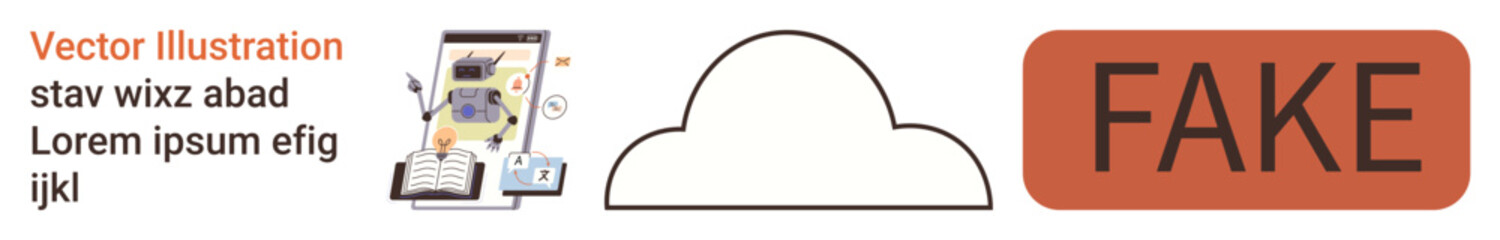 Fake content detection, online security, misinformation awareness, digital evidence, data authentication, cloud technology. Cloud icon, tablet showing fake stamp. Fake detection and online security © robu_s