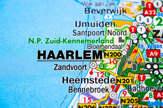Close up city map highlighting Haarlem and surrounding towns Netherlands.