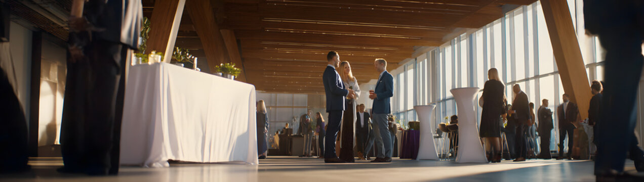 The coordination of logistics for a charity gala is handled by a practical event planner who liaises with vendors and manages schedules. The venue is modern and clear, with high clarity and sharp focu