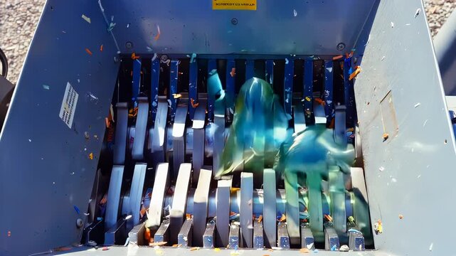 Colorful plastic bottles being shredded in a recycling machine, showcasing the transformation of waste into smaller pieces for processing in a waste management facility