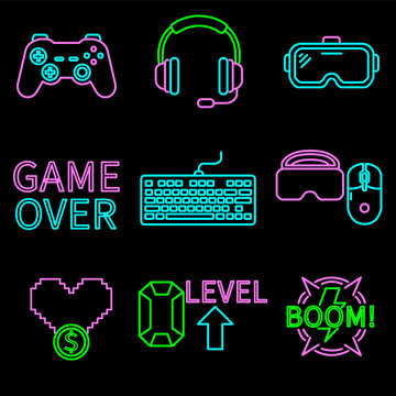 Neon glowing gaming icon set. Includes generic game controller, headset, VR, keyboard, mouse, and game over text on dark background. Cyberpunk esports vector elements.