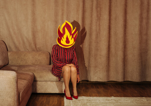 Housewife in retro style sits in living room showing burnout concept