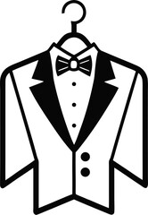 Groom suit with bow tie on hanger, simple outline vector icon, black and white, white background,