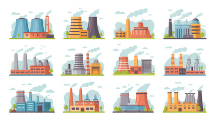 Industrial factory buildings with smokestacks and cooling towers  various industrial structures