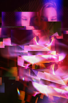 Abstract portrait of a woman with pixelated mosaic and virtual reality effect