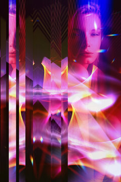 Abstract surreal portrait of woman with virtual reality and glass effect