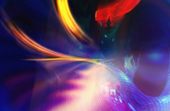 Futuristic cyberpunk scene with neon light trails and augmented reality