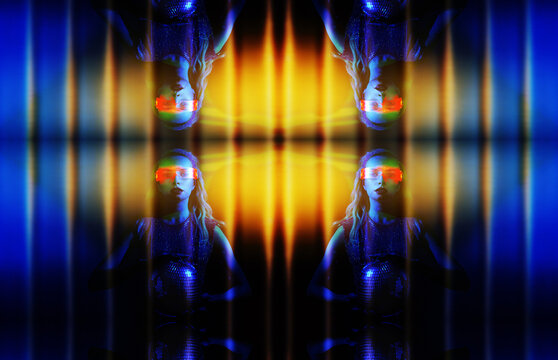 Futuristic cyberpunk woman in neon light with virtual reality and symmetry