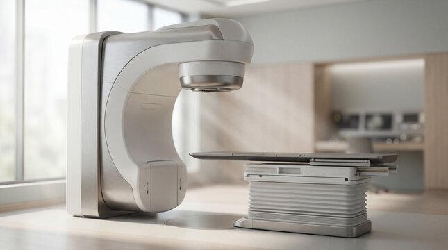 Advanced medical linear accelerator or radiation therapy machine in a modern hospital room. Concept of oncology treatment for cancer patient.