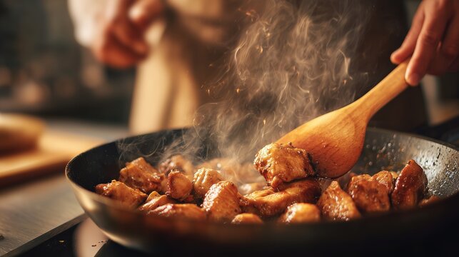 Cooking chicken pieces in a frying pan with steam rising in a kitchen setting during evening hours