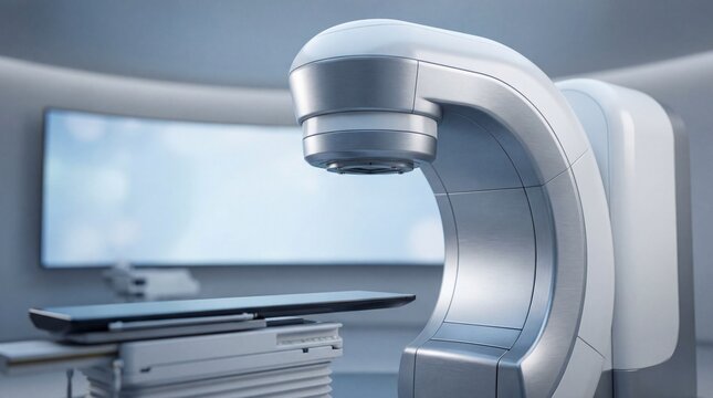 Advanced medical linear accelerator or radiation therapy machine in a modern hospital room. Concept of oncology treatment for cancer patient.