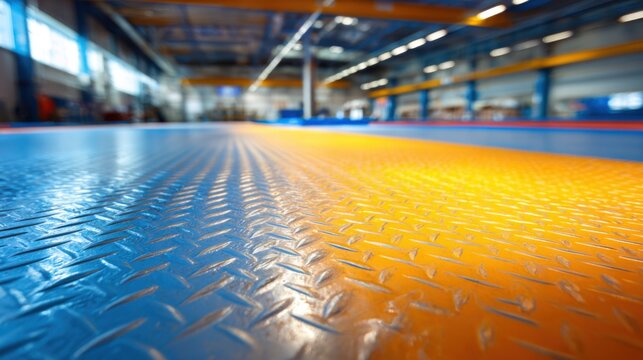 Close-up of a textured industrial diamond plate metal floor with yellow and blue painted sections within a brightly lit manufacturing facility.